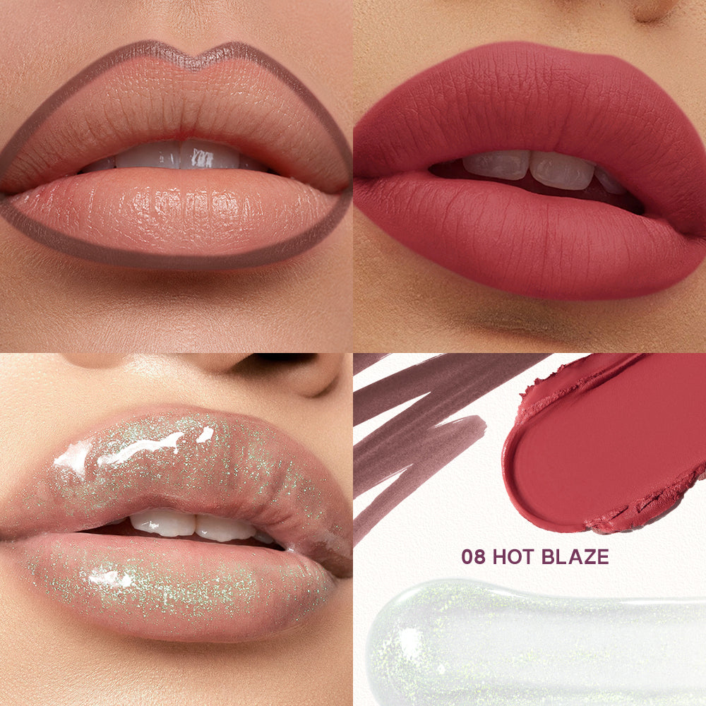 Shade 08 Hot Blaze - Pudaier 3-in-1 Lip Makeup Set