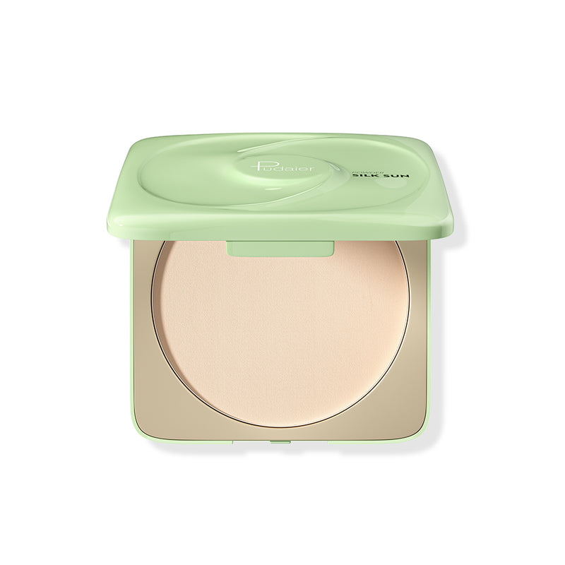 Giant Face Pressed Powder in open sage green compact case with built-in mirror.