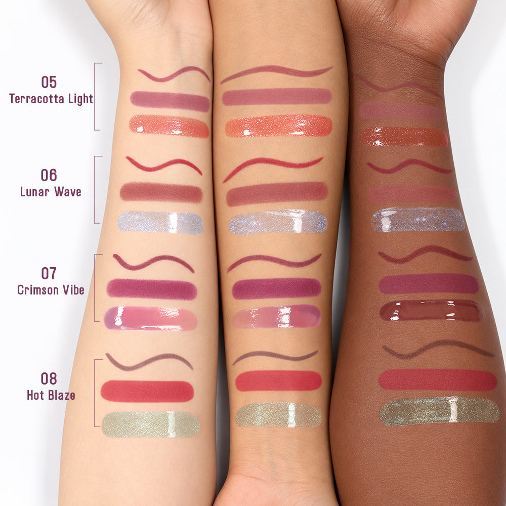 Arm swatches of shades 05 to 08 on light and deep skin tones