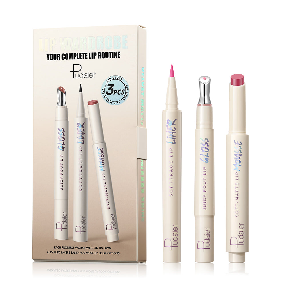 Pudaier 3-in-1 lip makeup kit box with lip liner, lip mousse, and lip gloss