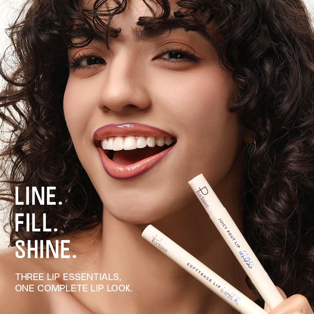 Model smiling while holding Pudaier lip pencil and lip gloss
