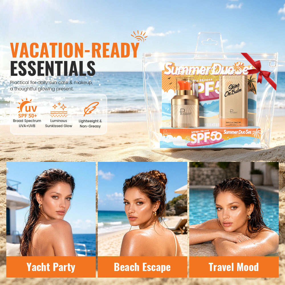 Pudaier® Summer Glow Duo Set-SPF 50+ Sunscreen & Shine On Highlighter Stick