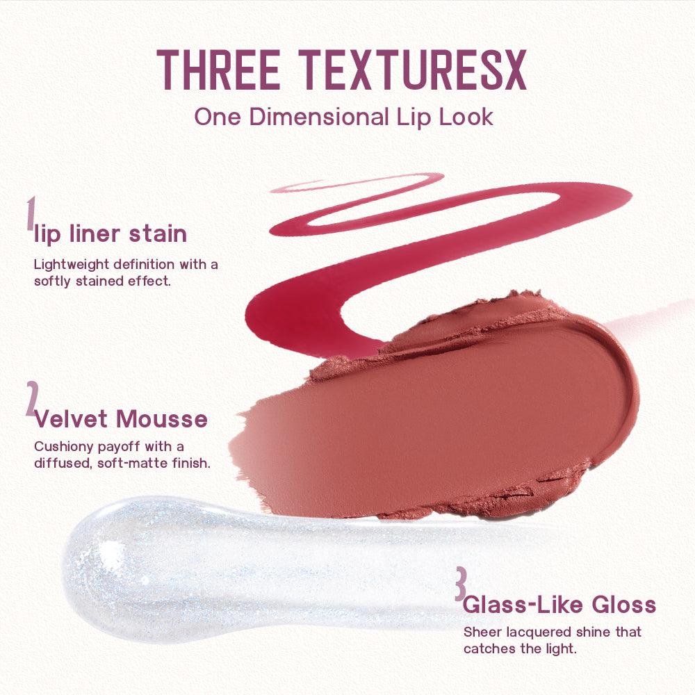 Three textures demonstration showing lip liner stain, velvet mousse, and glass gloss 