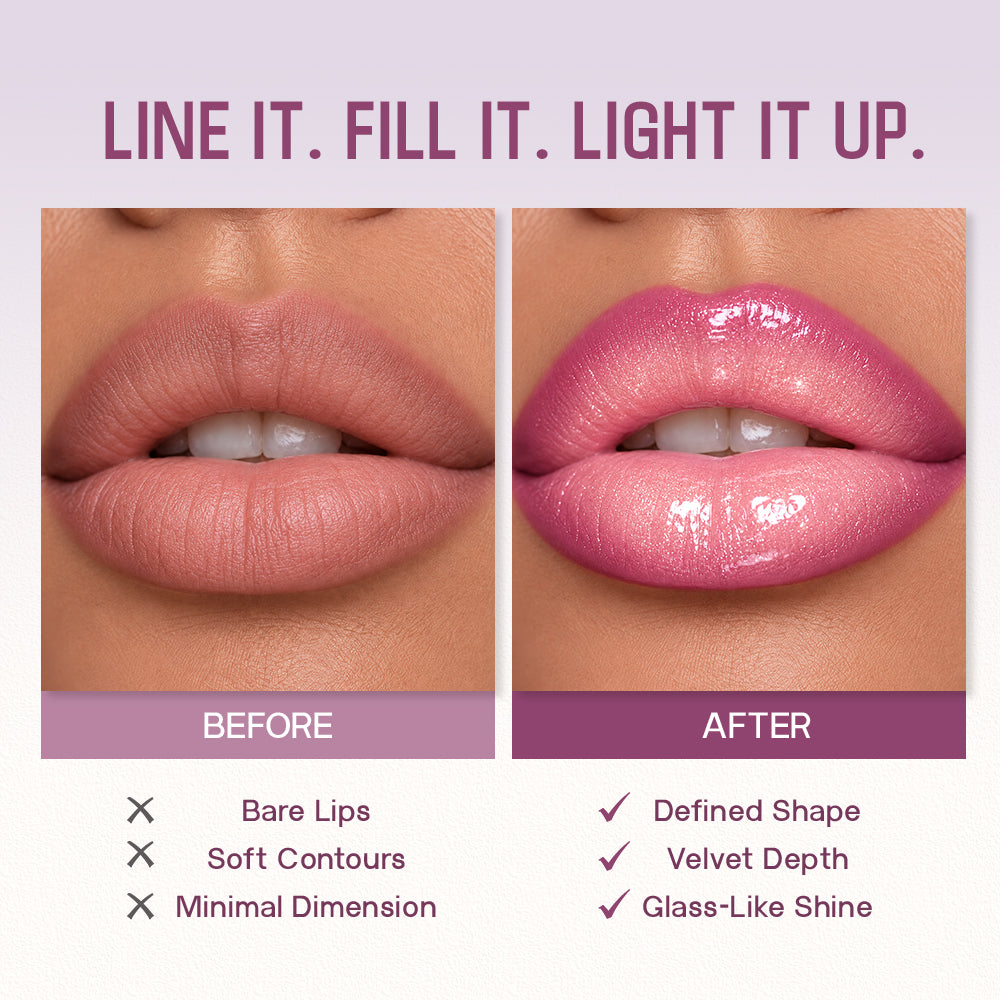 Before and after lip comparison using Pudaier 3-in-1 lip makeup set