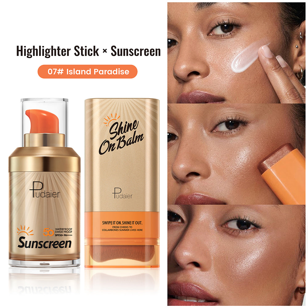 Pudaier® Summer Glow Duo Set-SPF 50+ Sunscreen & Shine On Highlighter Stick